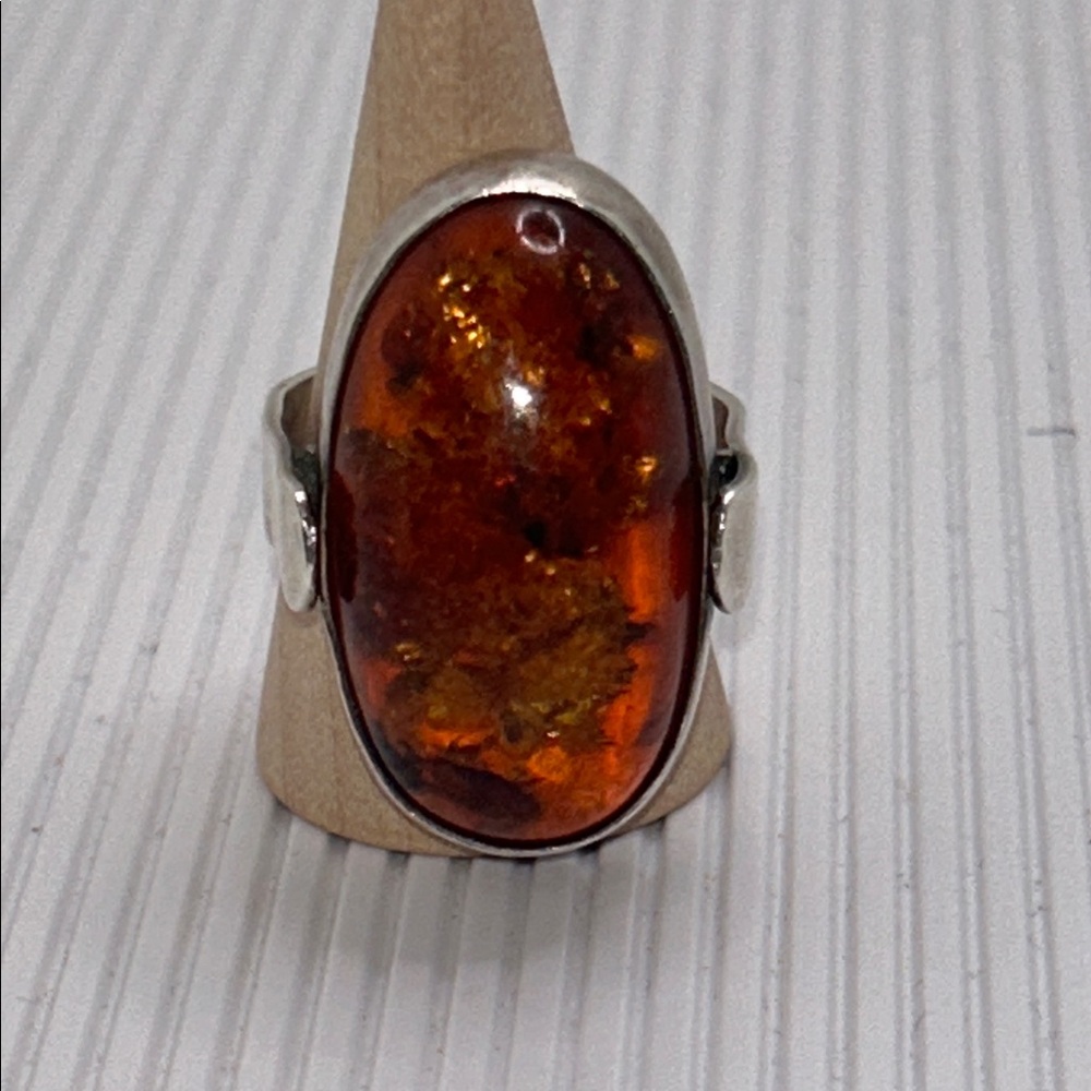 Vintage USSR Sterling Silver Amber Oval Statement Ring - Cognac Amber